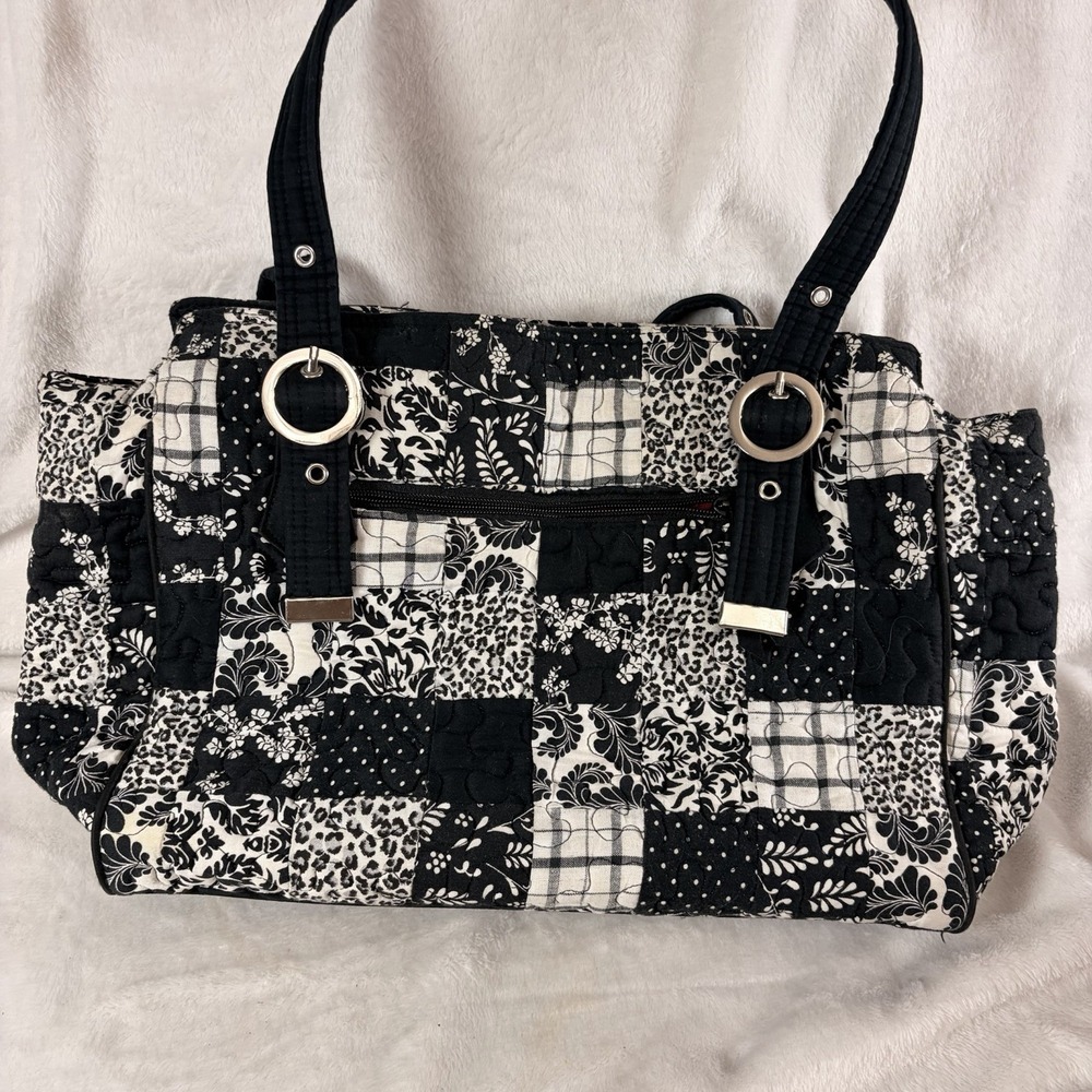 Donna Sharp Quilted Patchwork Handbag Black White Paisley Hot Pink Lining Retro - Picture 5 of 8